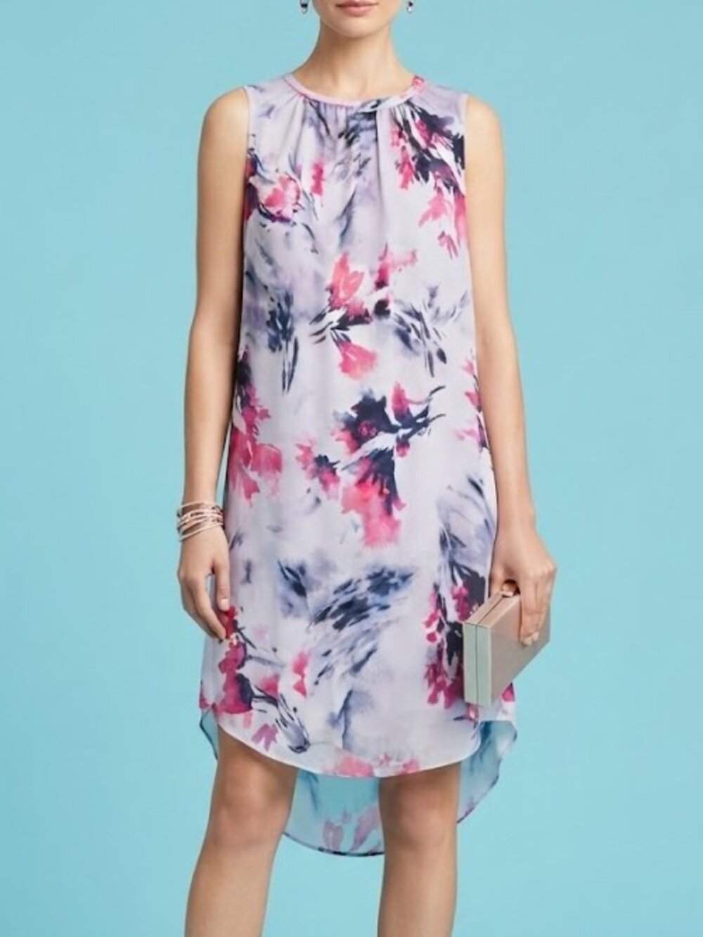 Vera Wang Blush and Indigo Watercolor Floral High-Low Mini Dress